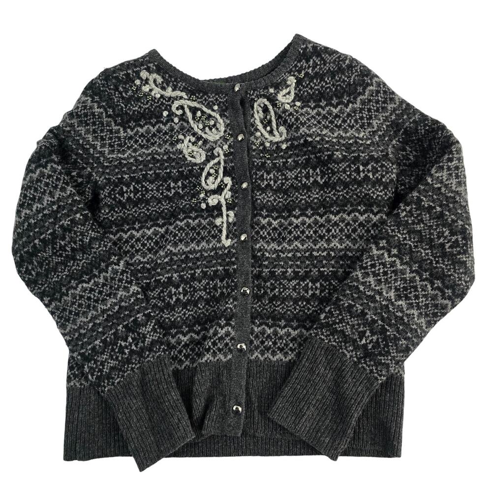 Eddie Bauer Women’s Wool Blend Fair Isle Cardigan Sweater Gray SP 6916